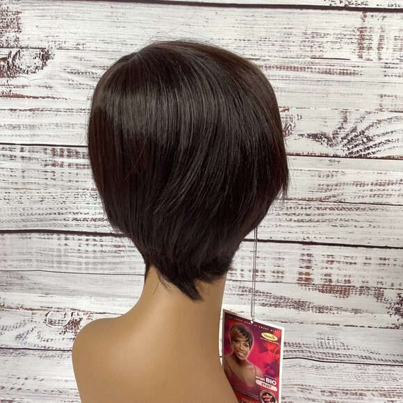 Bio Tapered Wig FF427 Dark Brown W/ Blonde Swoop Heat Safe Adjustable Synthetic - Picture 3 of 6